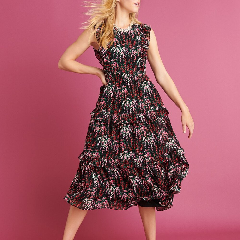 J. Crew Black Floral Tiered Midi Dress Cottagecore Boho Romantic Garden Party